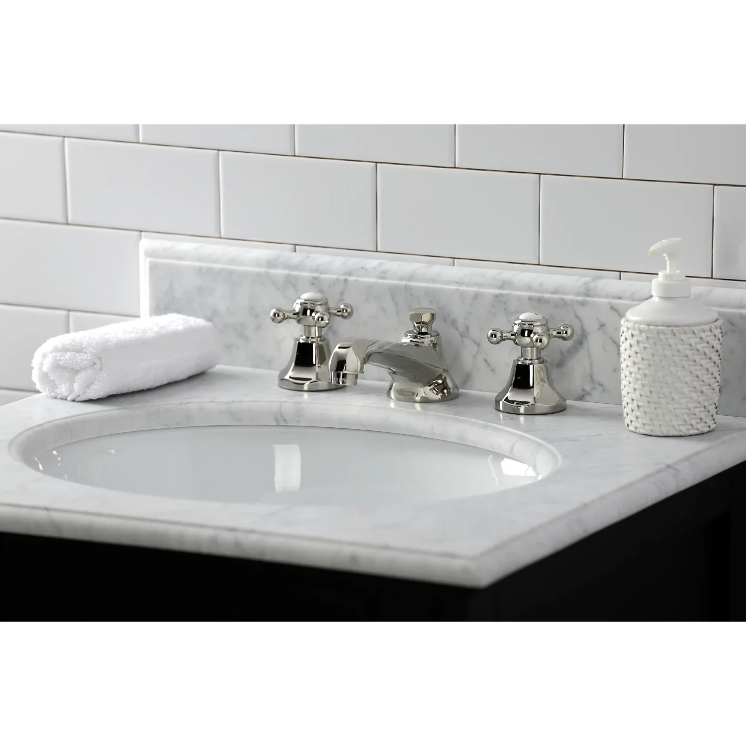 Kingston Brass Metropolitan Widespread Bathroom Faucet with Brass Pop-Up, Polished Nickel (KS4466BX) - Image 4