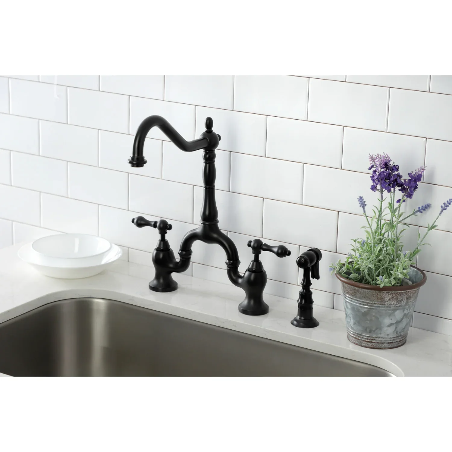 Kingston Brass English Country Bridge Kitchen Faucet with Brass Side Sprayer, Matte Black (KS7750ALBS) - Image 2