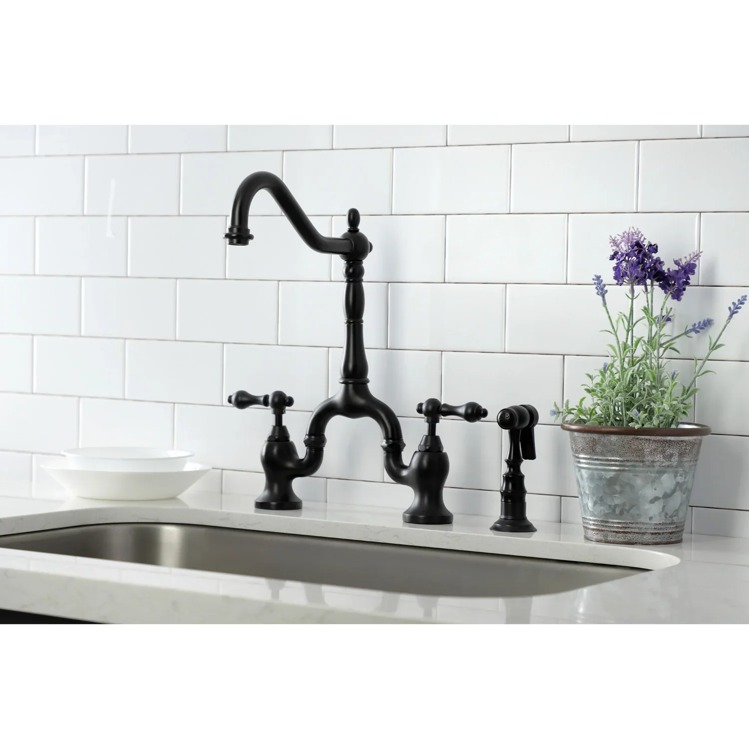 Kingston Brass English Country Bridge Kitchen Faucet with Brass Side Sprayer, Matte Black (KS7750ALBS) - Image 3