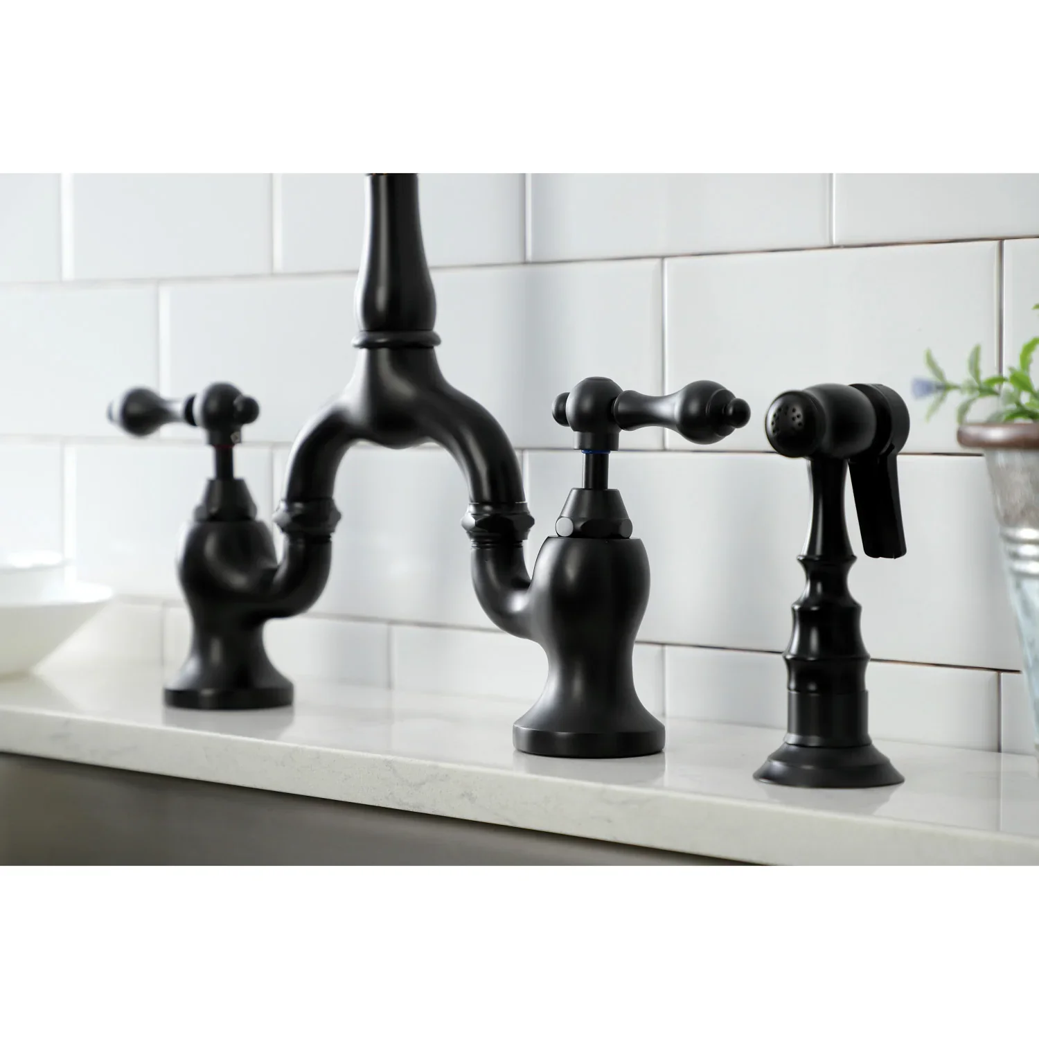 Kingston Brass English Country Bridge Kitchen Faucet with Brass Side Sprayer, Matte Black (KS7750ALBS) - Image 4