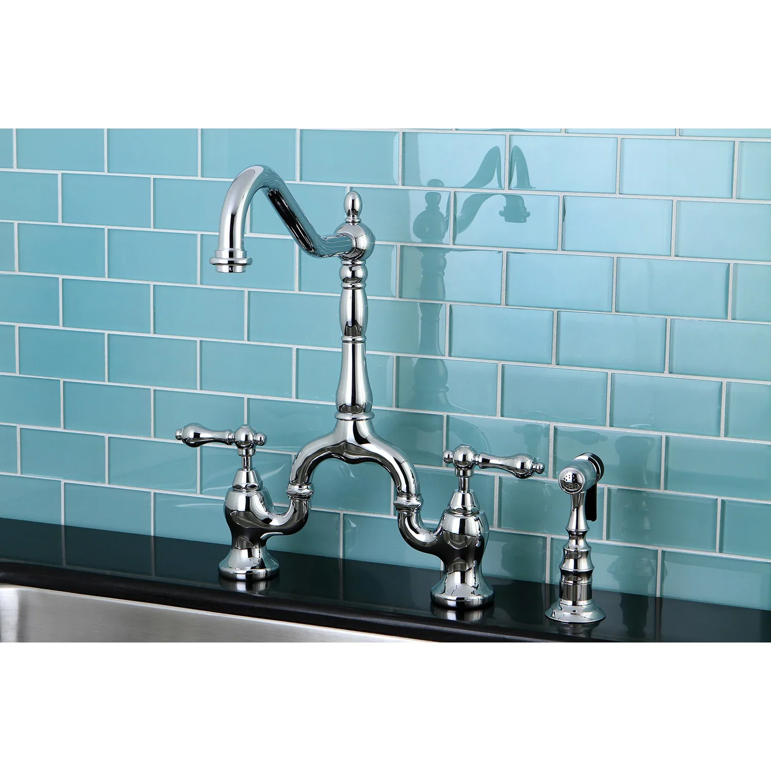 Kingston Brass English Country Bridge Kitchen Faucet with Brass Side Sprayer, Polished Chrome (KS7751ALBS) - Image 2