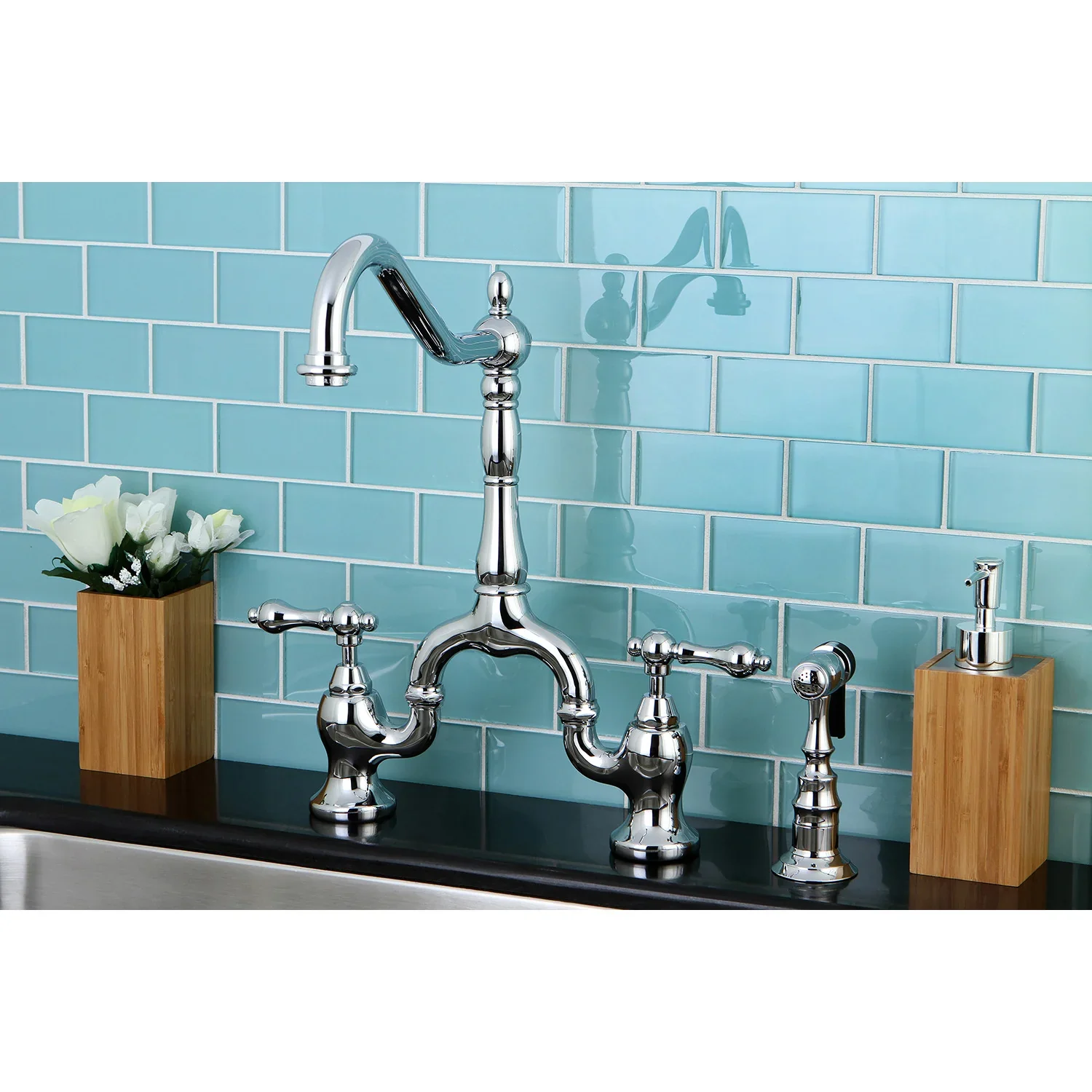 Kingston Brass English Country Bridge Kitchen Faucet with Brass Side Sprayer, Polished Chrome (KS7751ALBS) - Image 3