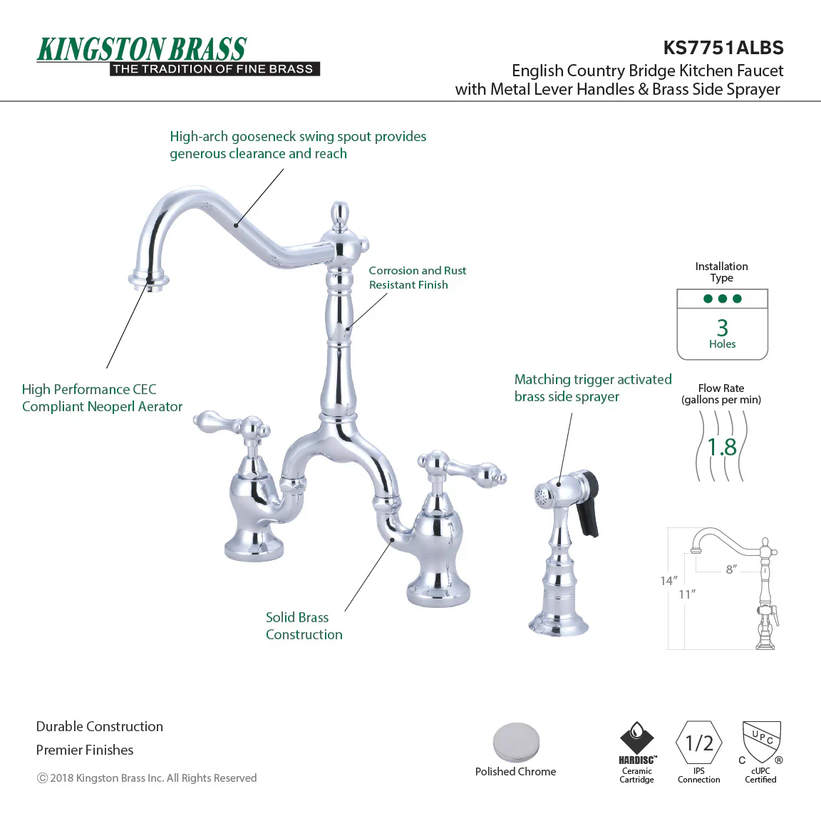 Kingston Brass English Country Bridge Kitchen Faucet with Brass Side Sprayer, Polished Chrome (KS7751ALBS) - Image 4