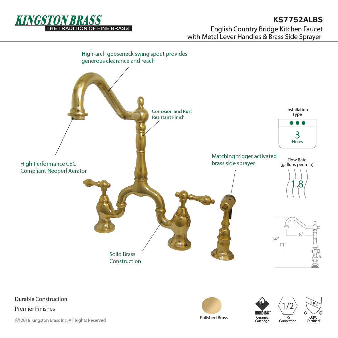 Kingston Brass English Country Bridge Kitchen Faucet with Brass Side Sprayer, Polished Brass (KS7752ALBS) - Image 2