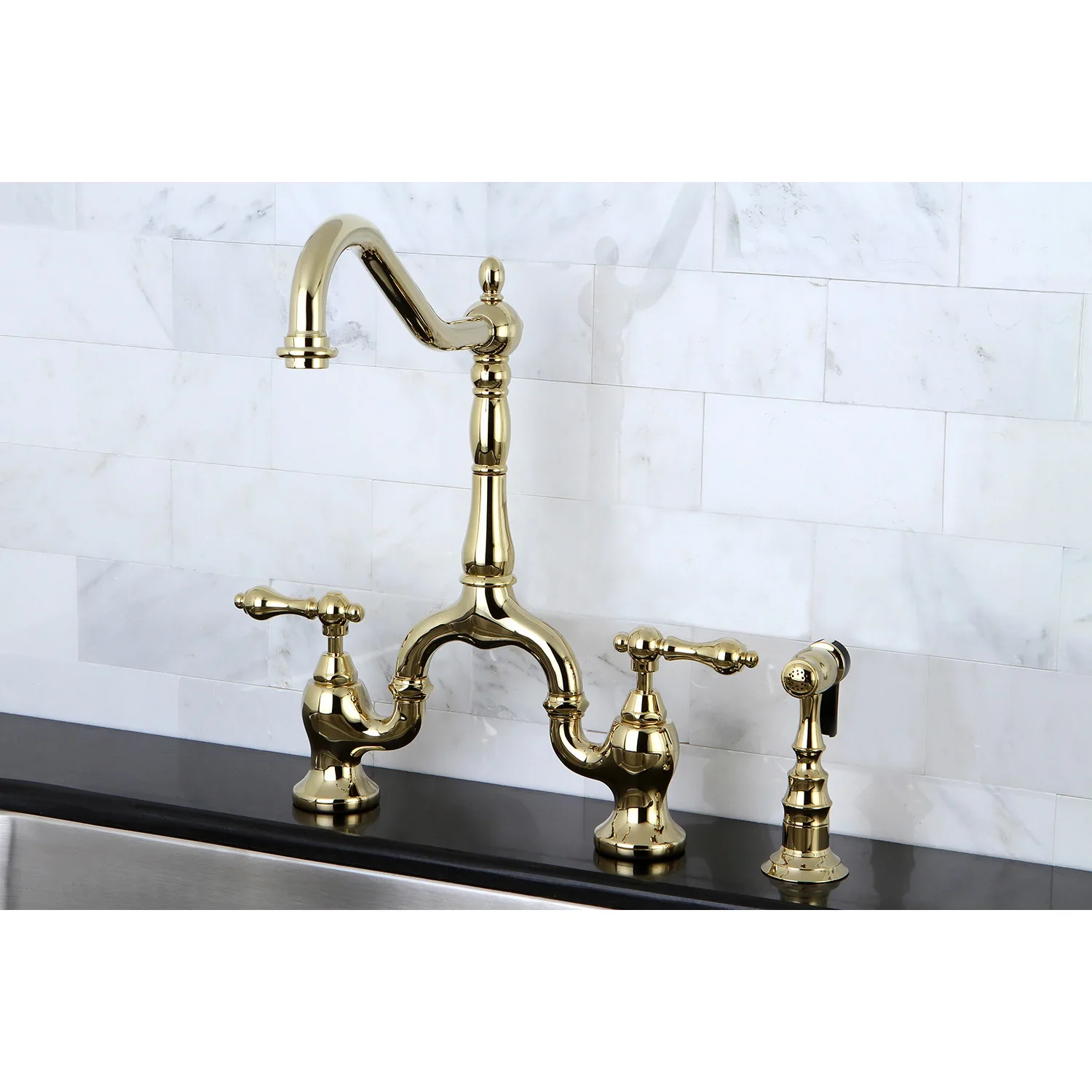 Kingston Brass English Country Bridge Kitchen Faucet with Brass Side Sprayer, Polished Brass (KS7752ALBS) - Image 3