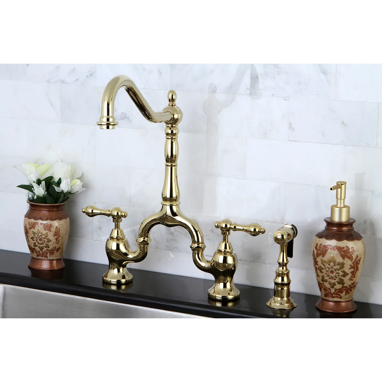 Kingston Brass English Country Bridge Kitchen Faucet with Brass Side Sprayer, Polished Brass (KS7752ALBS) - Image 4
