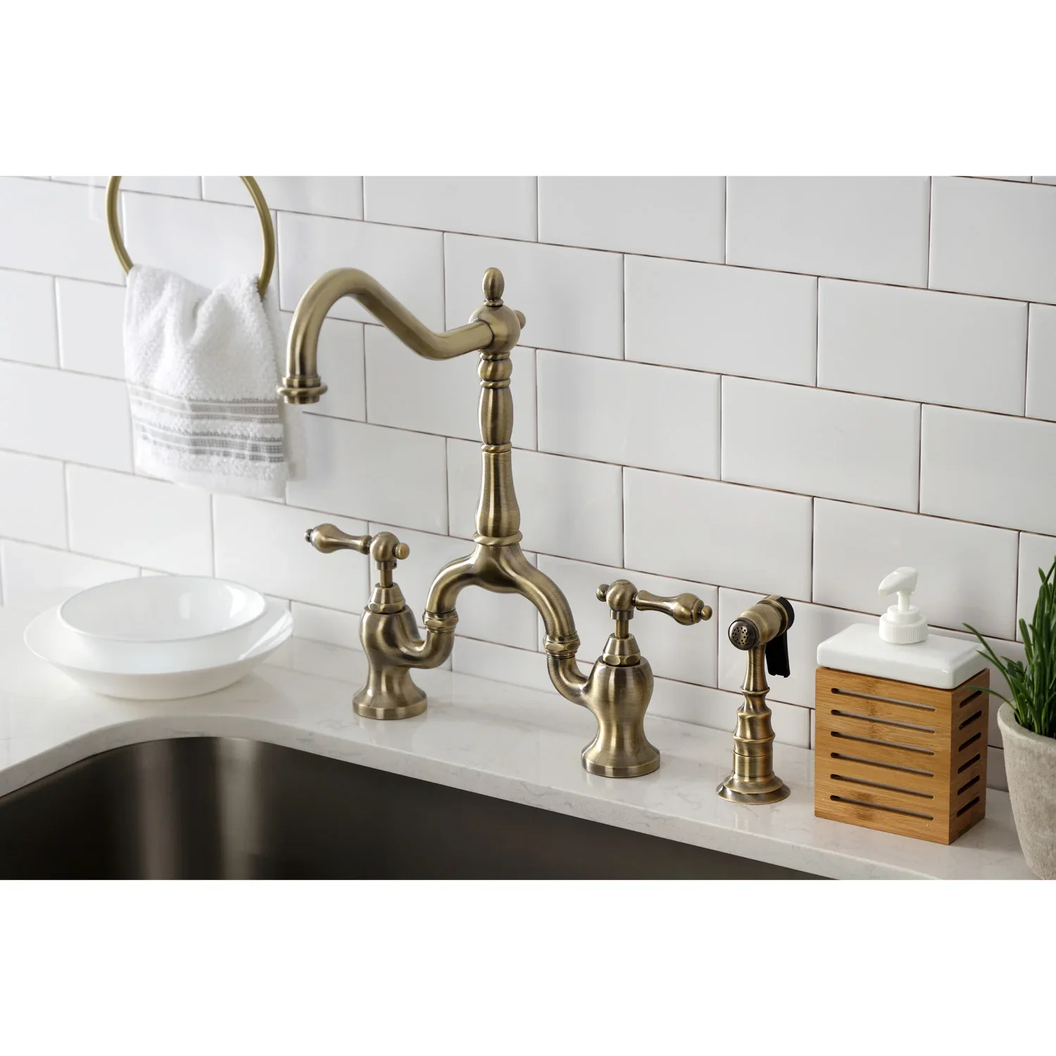 Kingston Brass English Country Bridge Kitchen Faucet with Brass Side Sprayer, Antique Brass (KS7753ALBS) - Image 2