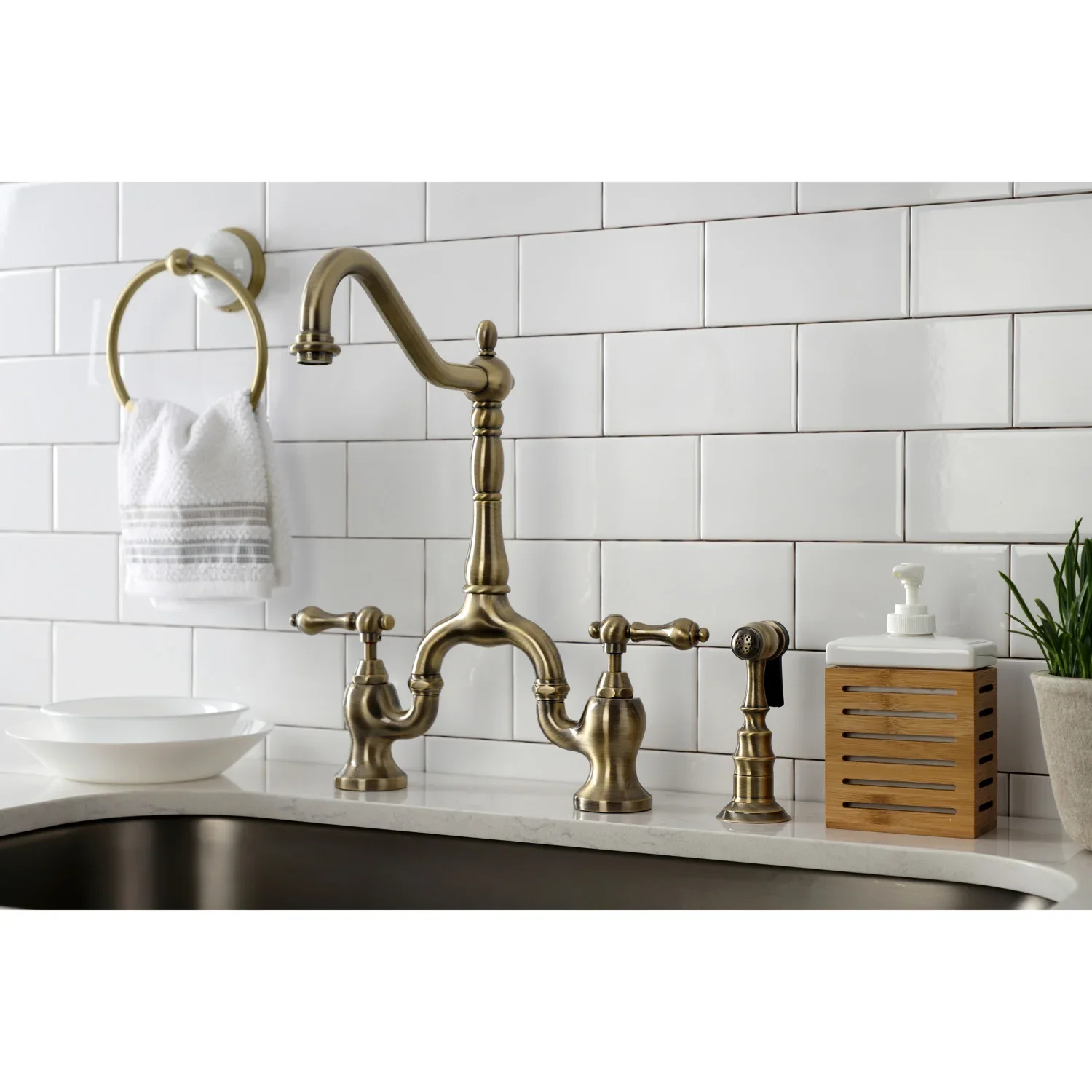Kingston Brass English Country Bridge Kitchen Faucet with Brass Side Sprayer, Antique Brass (KS7753ALBS) - Image 3