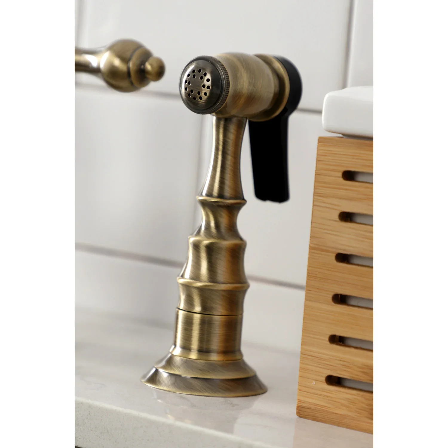 Kingston Brass English Country Bridge Kitchen Faucet with Brass Side Sprayer, Antique Brass (KS7753ALBS) - Image 4