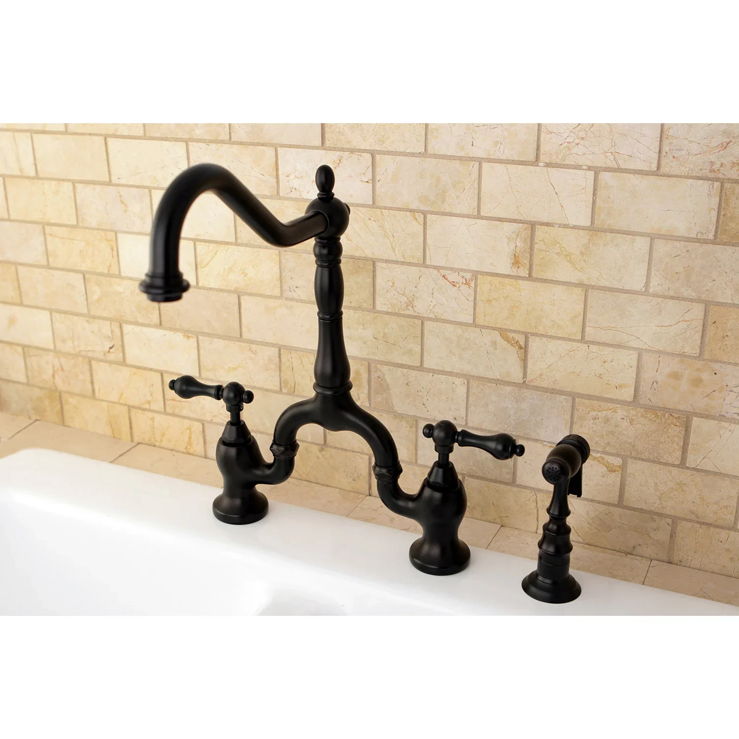 Kingston Brass English Country Bridge Kitchen Faucet with Brass Side Sprayer, Oil Rubbed Bronze (KS7755ALBS) - Image 3