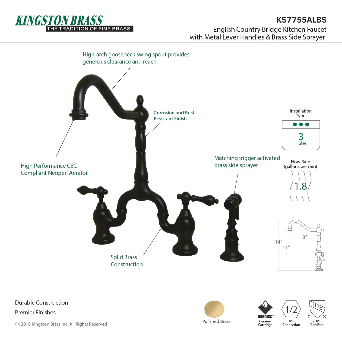 Kingston Brass English Country Bridge Kitchen Faucet with Brass Side Sprayer, Oil Rubbed Bronze (KS7755ALBS) - Image 5