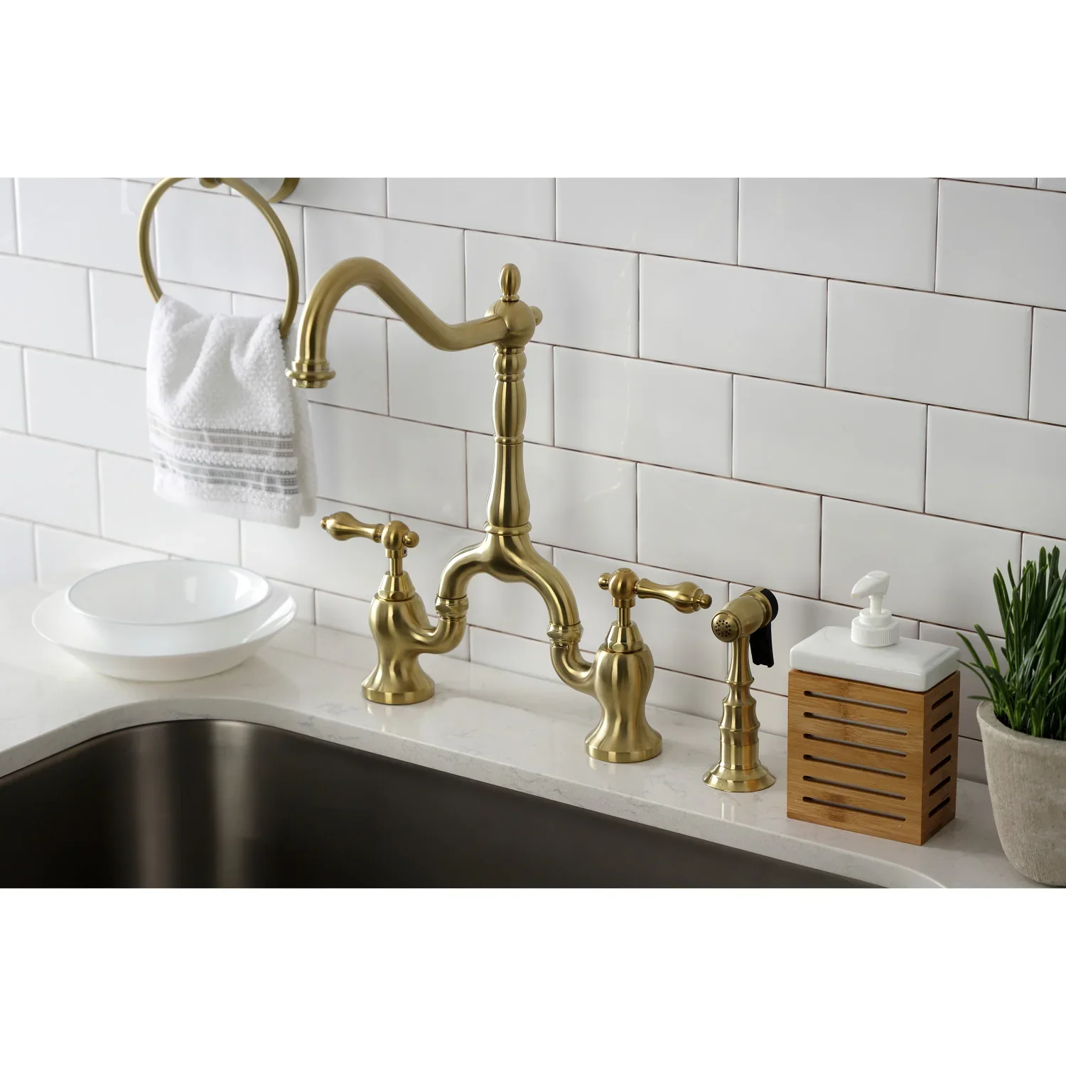 Kingston Brass English Country Bridge Kitchen Faucet with Brass Side Sprayer, Brushed Brass (KS7757ALBS) - Image 2