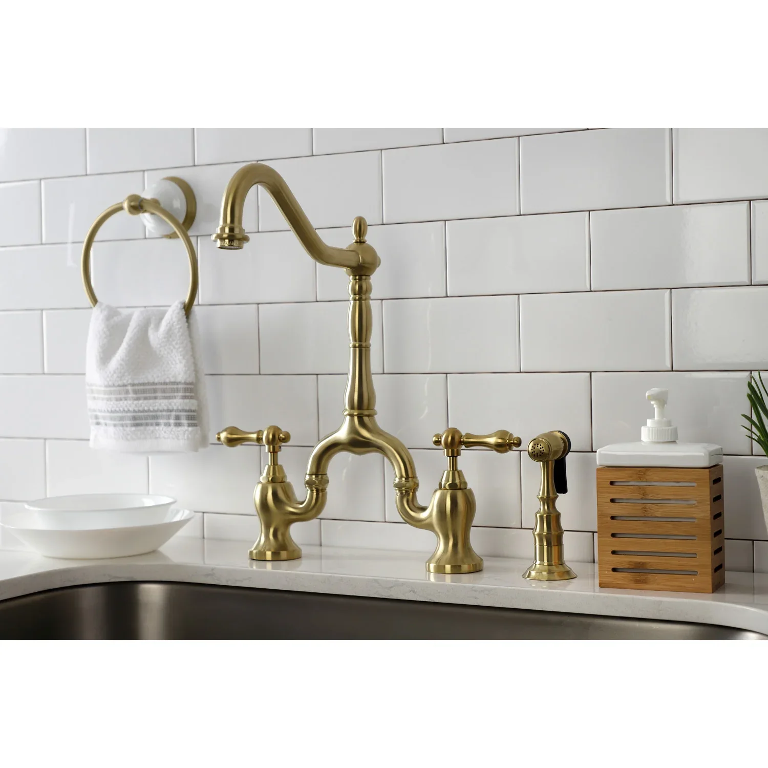 Kingston Brass English Country Bridge Kitchen Faucet with Brass Side Sprayer, Brushed Brass (KS7757ALBS) - Image 3