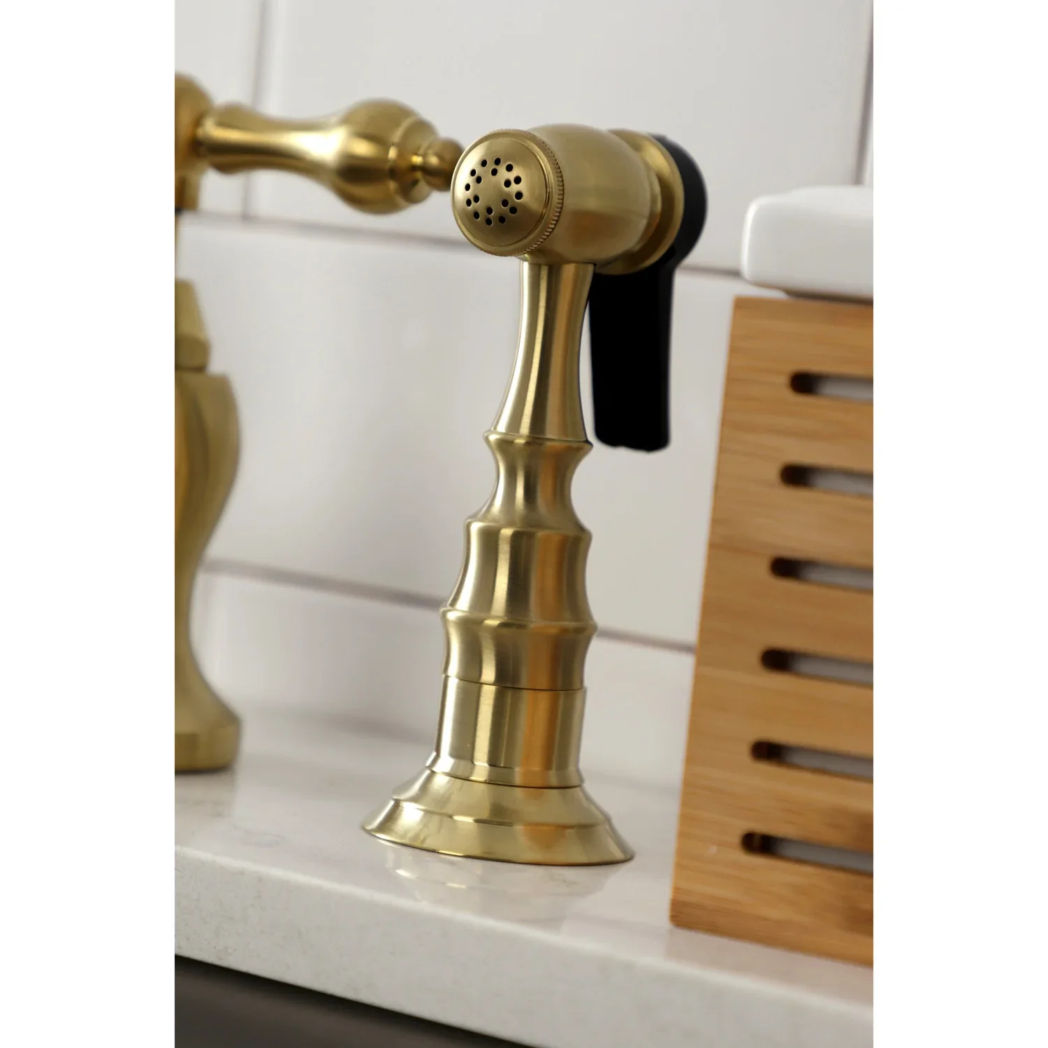 Kingston Brass English Country Bridge Kitchen Faucet with Brass Side Sprayer, Brushed Brass (KS7757ALBS) - Image 5