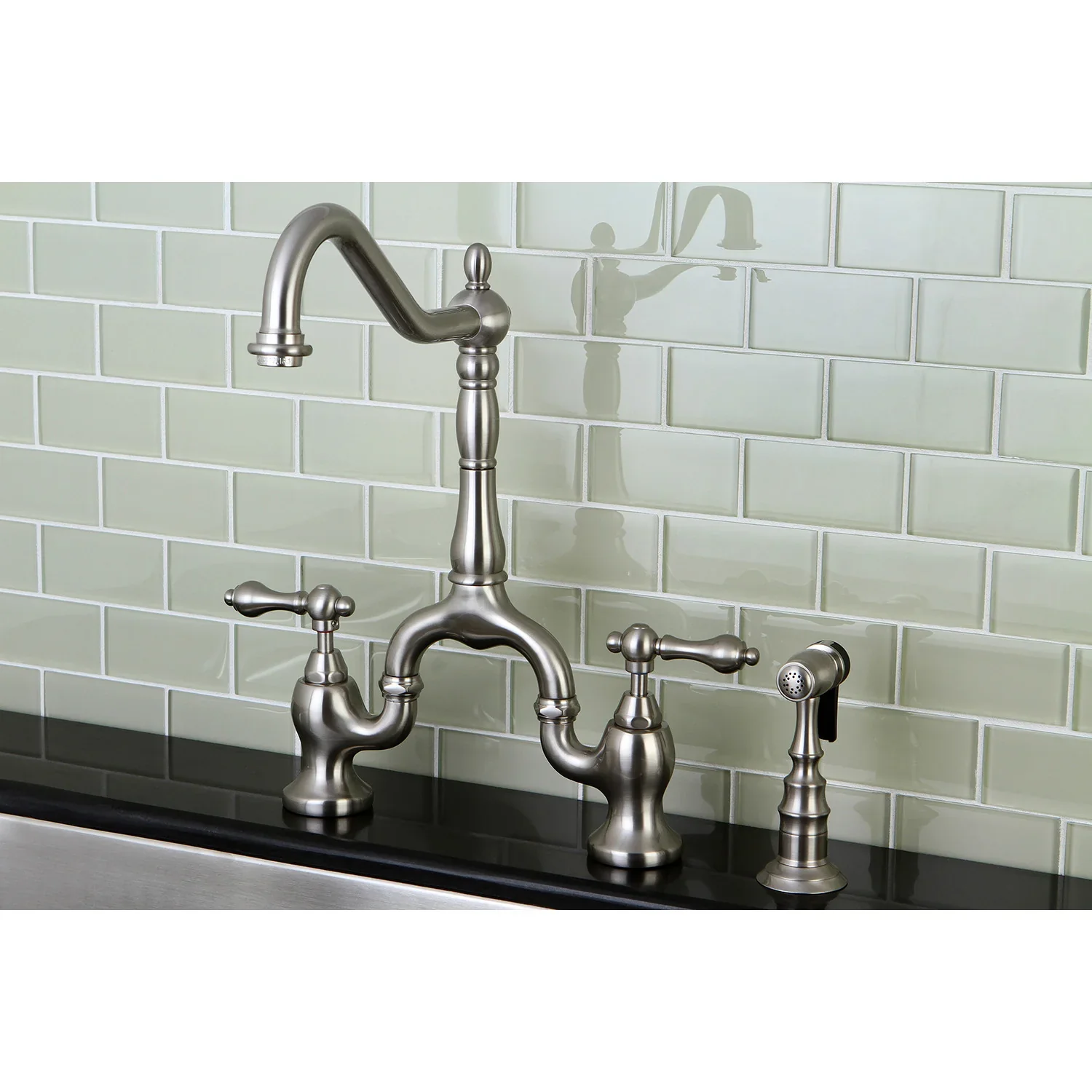 Kingston Brass English Country Bridge Kitchen Faucet with Brass Side Sprayer, Brushed Nickel (KS7758ALBS) - Image 2