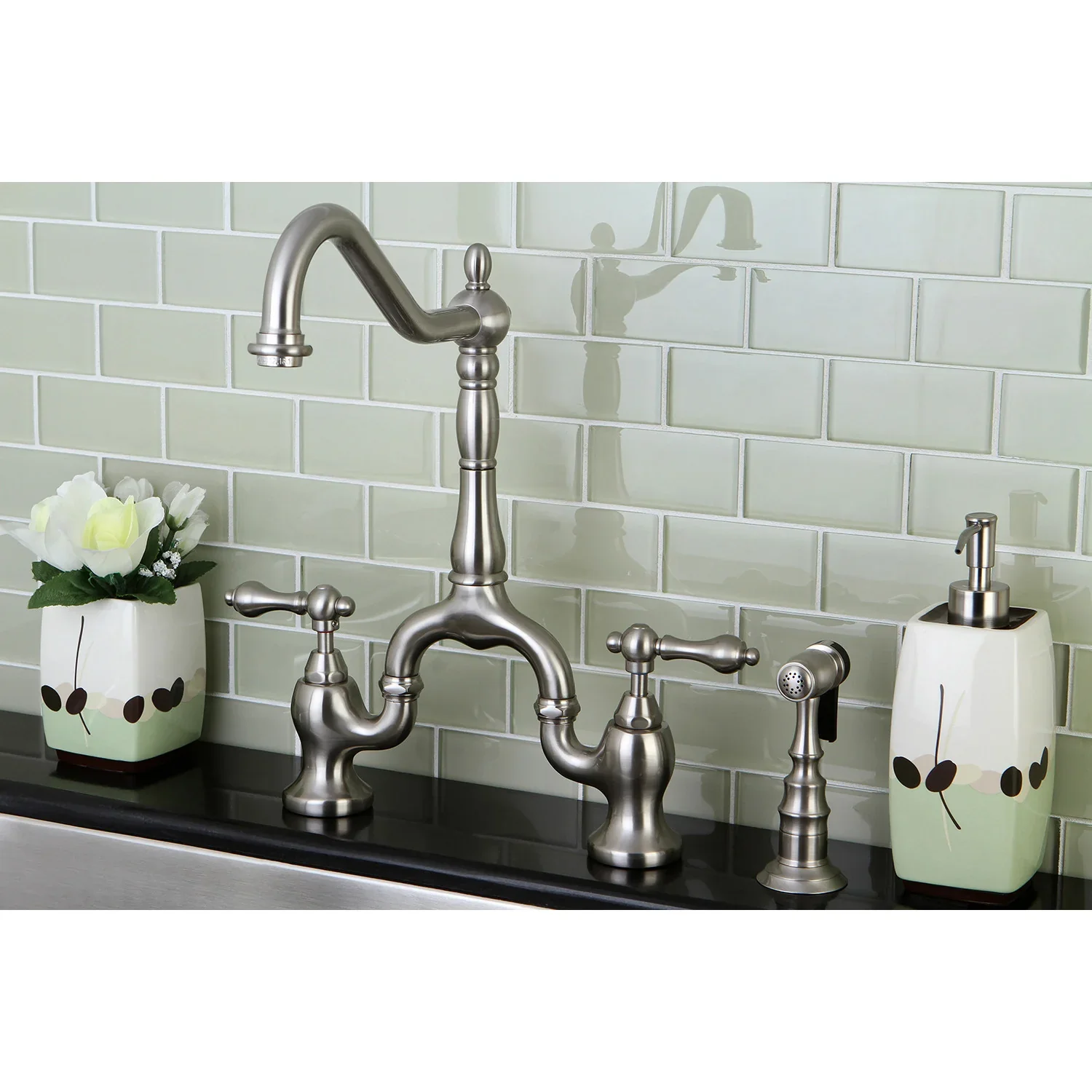 Kingston Brass English Country Bridge Kitchen Faucet with Brass Side Sprayer, Brushed Nickel (KS7758ALBS) - Image 3