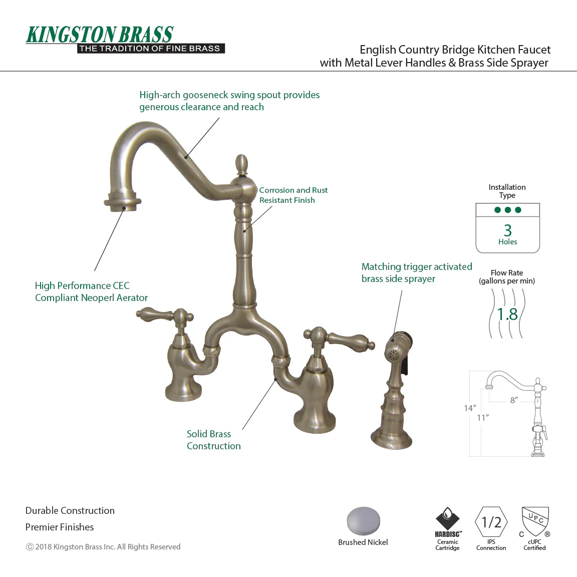 Kingston Brass English Country Bridge Kitchen Faucet with Brass Side Sprayer, Brushed Nickel (KS7758ALBS) - Image 4