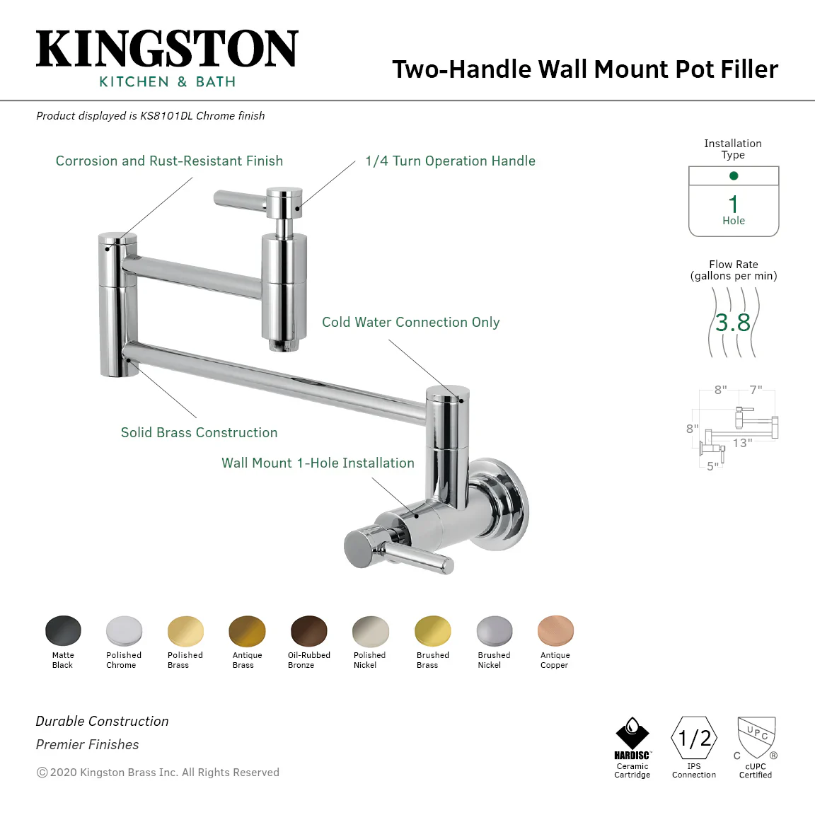 Kingston Brass Concord Wall Mount Pot Filler Faucet, Polished Chrome (KS8101DL) - Image 6