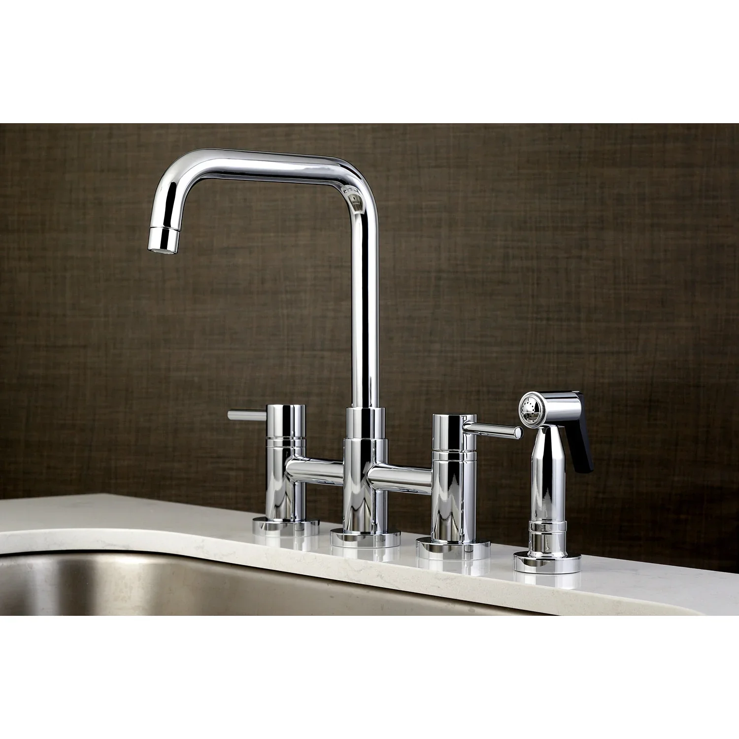 Kingston Brass Concord Bridge Kitchen Faucet with Brass Side Sprayer, Polished Chrome (KS8281DLBS) - Image 6