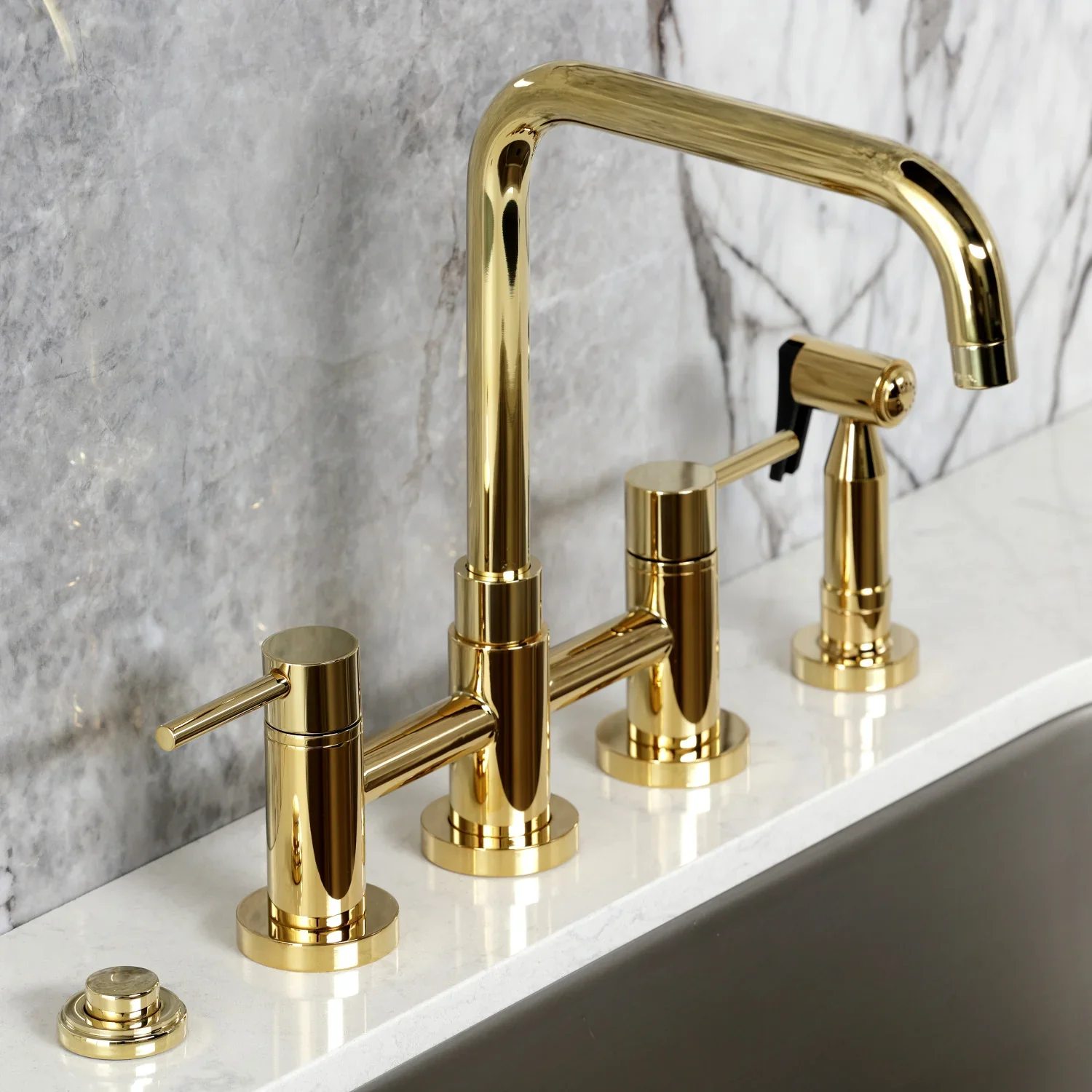 Kingston Brass Concord Bridge Kitchen Faucet with Brass Side Sprayer, Polished Brass (KS8282DLBS) - Image 2