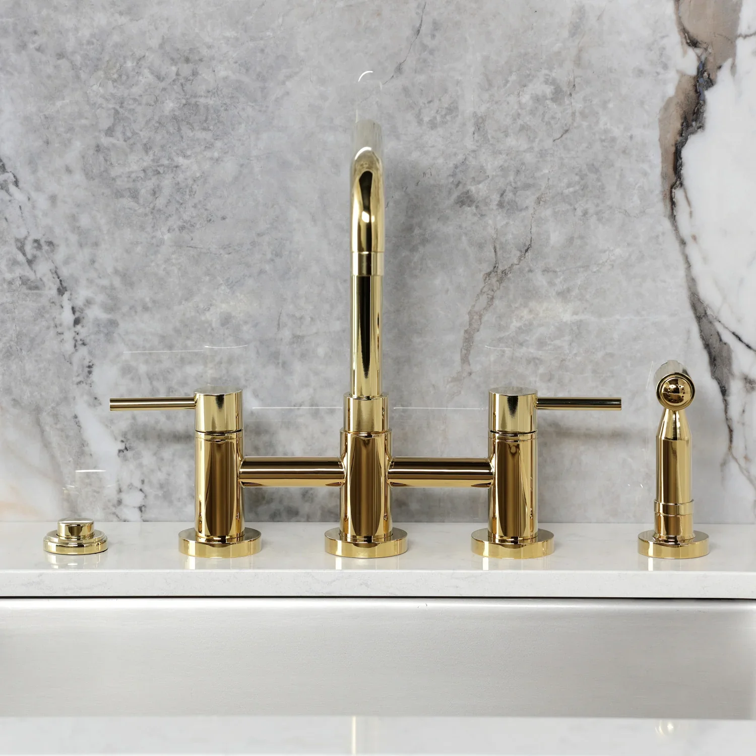 Kingston Brass Concord Bridge Kitchen Faucet with Brass Side Sprayer, Polished Brass (KS8282DLBS) - Image 3