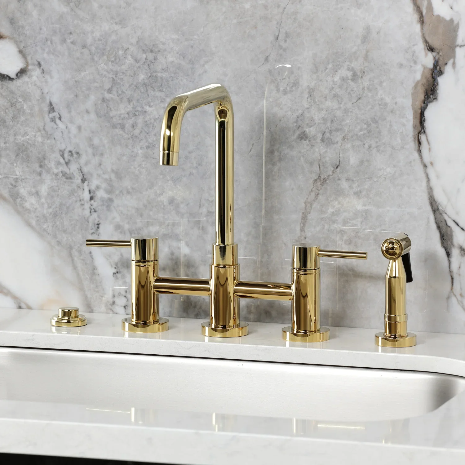 Kingston Brass Concord Bridge Kitchen Faucet with Brass Side Sprayer, Polished Brass (KS8282DLBS) - Image 4