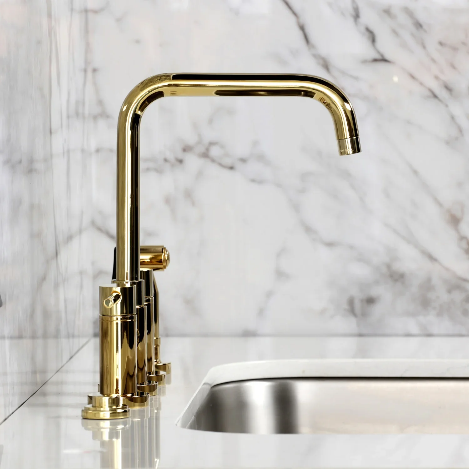 Kingston Brass Concord Bridge Kitchen Faucet with Brass Side Sprayer, Polished Brass (KS8282DLBS) - Image 7