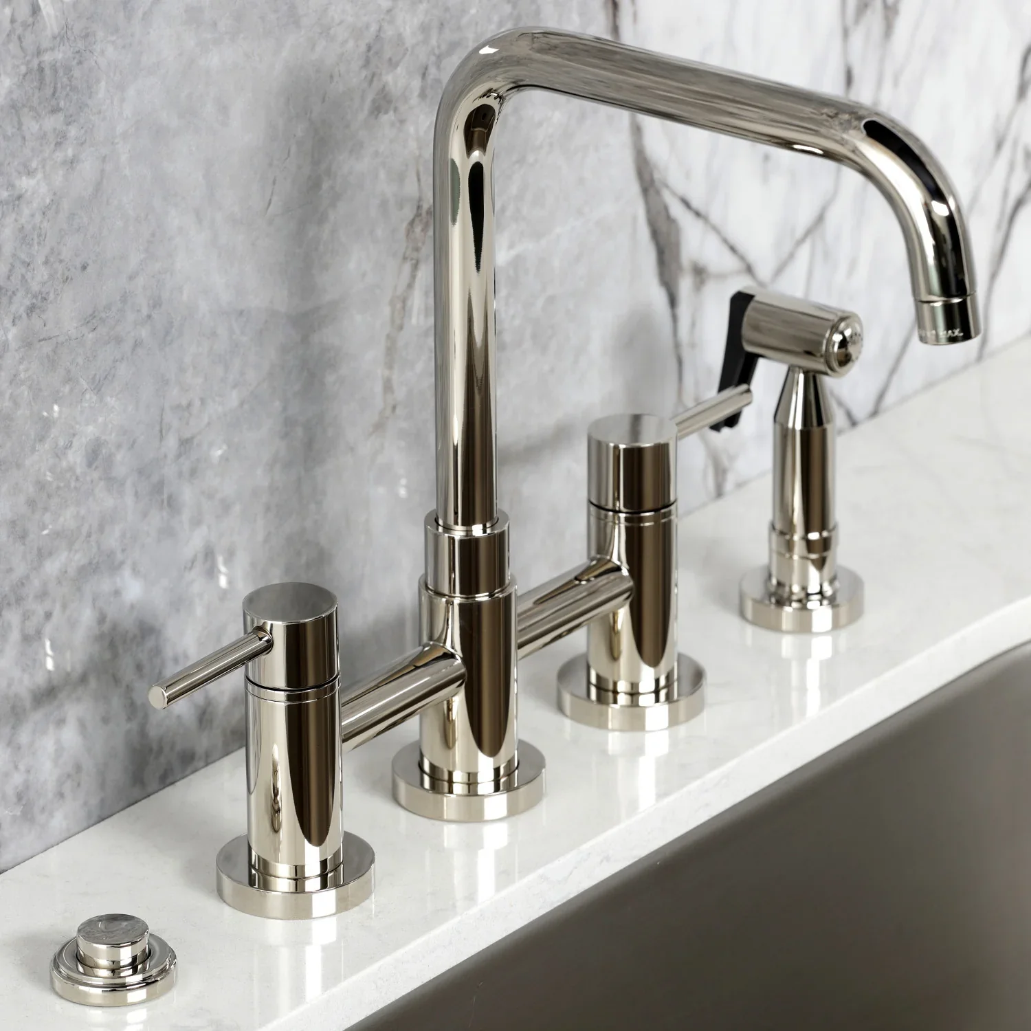 Kingston Brass Concord Bridge Kitchen Faucet with Brass Side Sprayer, Polished Nickel (KS8286DLBS) - Image 2