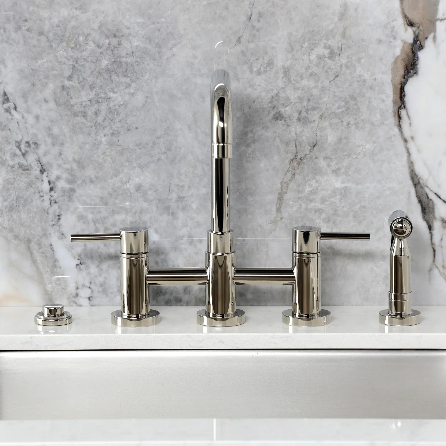 Kingston Brass Concord Bridge Kitchen Faucet with Brass Side Sprayer, Polished Nickel (KS8286DLBS) - Image 3