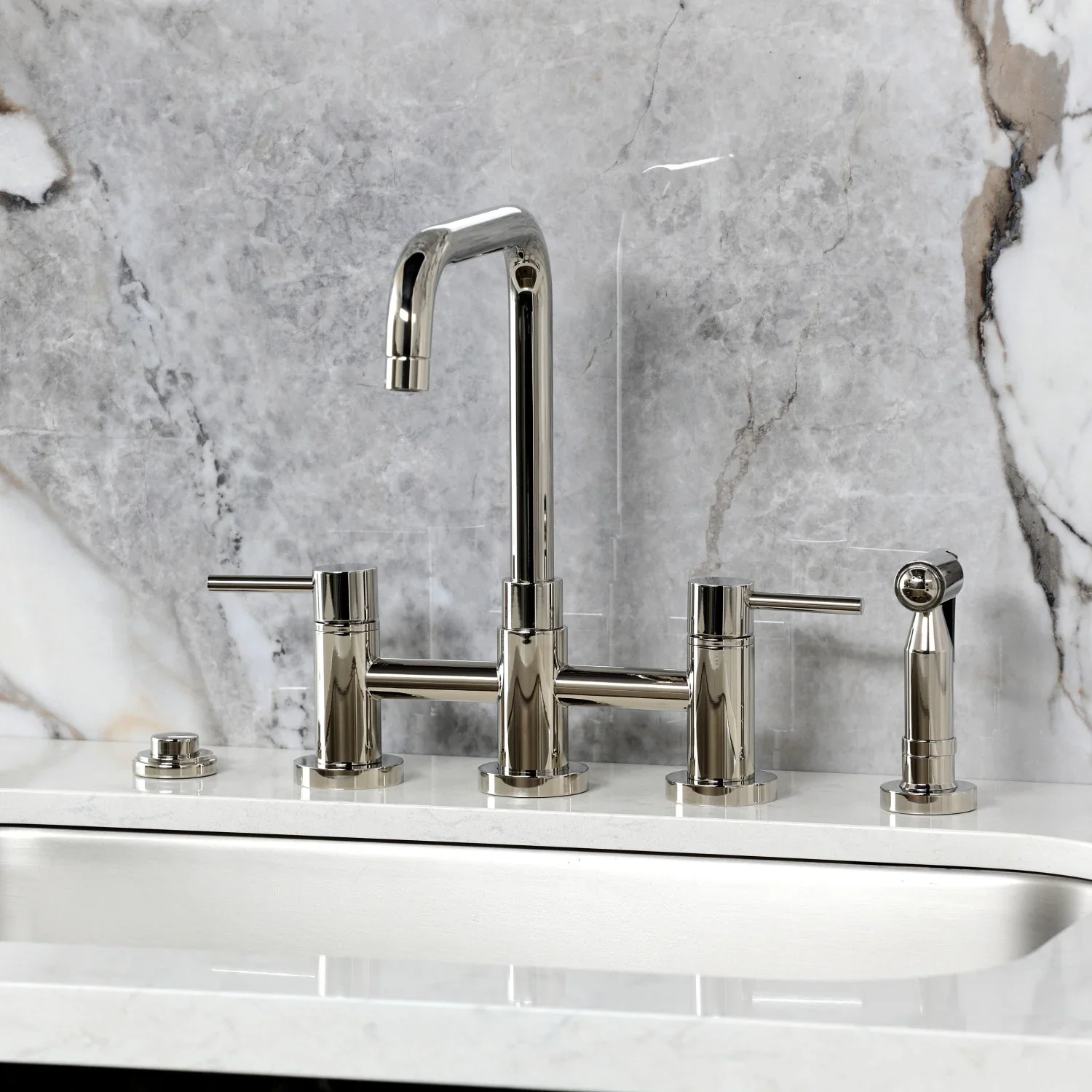 Kingston Brass Concord Bridge Kitchen Faucet with Brass Side Sprayer, Polished Nickel (KS8286DLBS) - Image 5