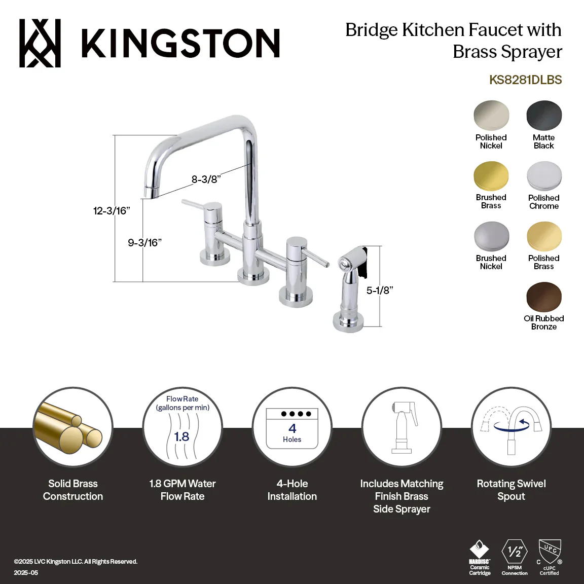 Kingston Brass Concord Bridge Kitchen Faucet with Brass Side Sprayer, Matte Black (KS8280DLBS) - Image 2