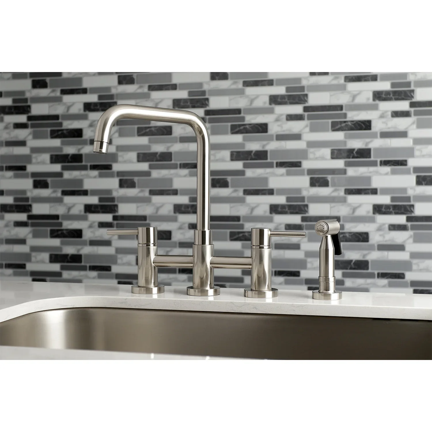 Kingston Brass Concord Bridge Kitchen Faucet with Brass Side Sprayer, Brushed Nickel (KS8288DLBS) - Image 2