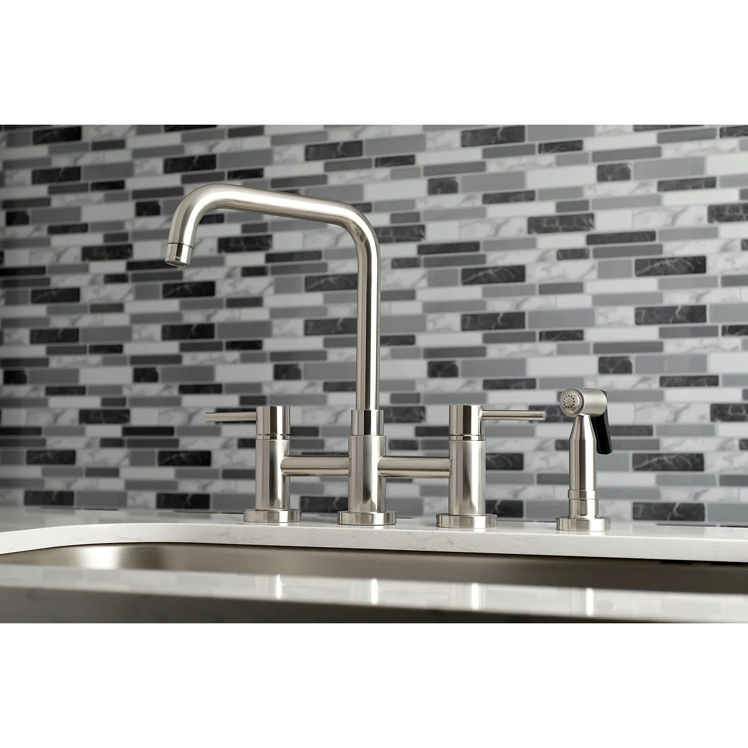 Kingston Brass Concord Bridge Kitchen Faucet with Brass Side Sprayer, Brushed Nickel (KS8288DLBS) - Image 3