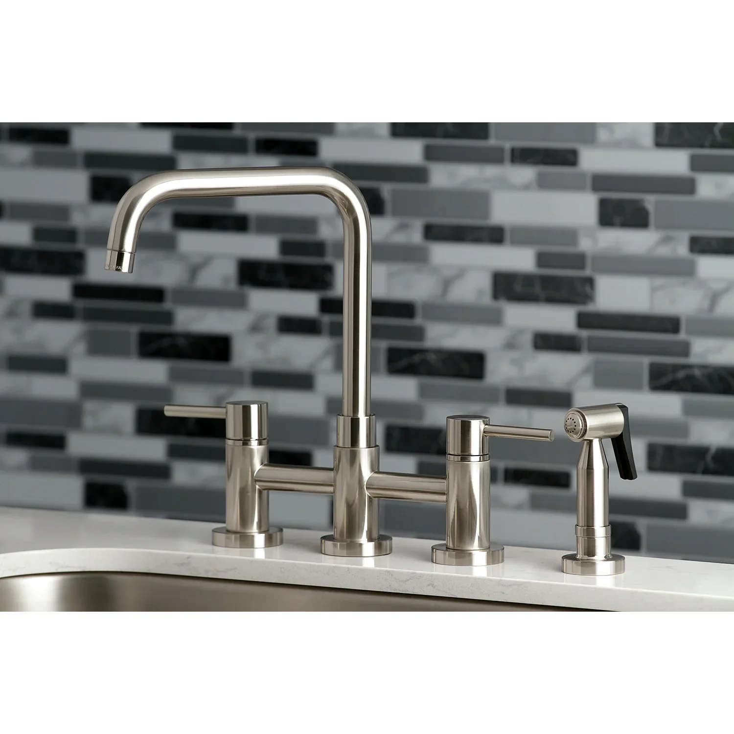 Kingston Brass Concord Bridge Kitchen Faucet with Brass Side Sprayer, Brushed Nickel (KS8288DLBS) - Image 4
