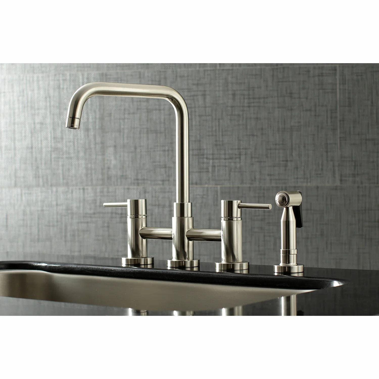 Kingston Brass Concord Bridge Kitchen Faucet with Brass Side Sprayer, Brushed Nickel (KS8288DLBS) - Image 5