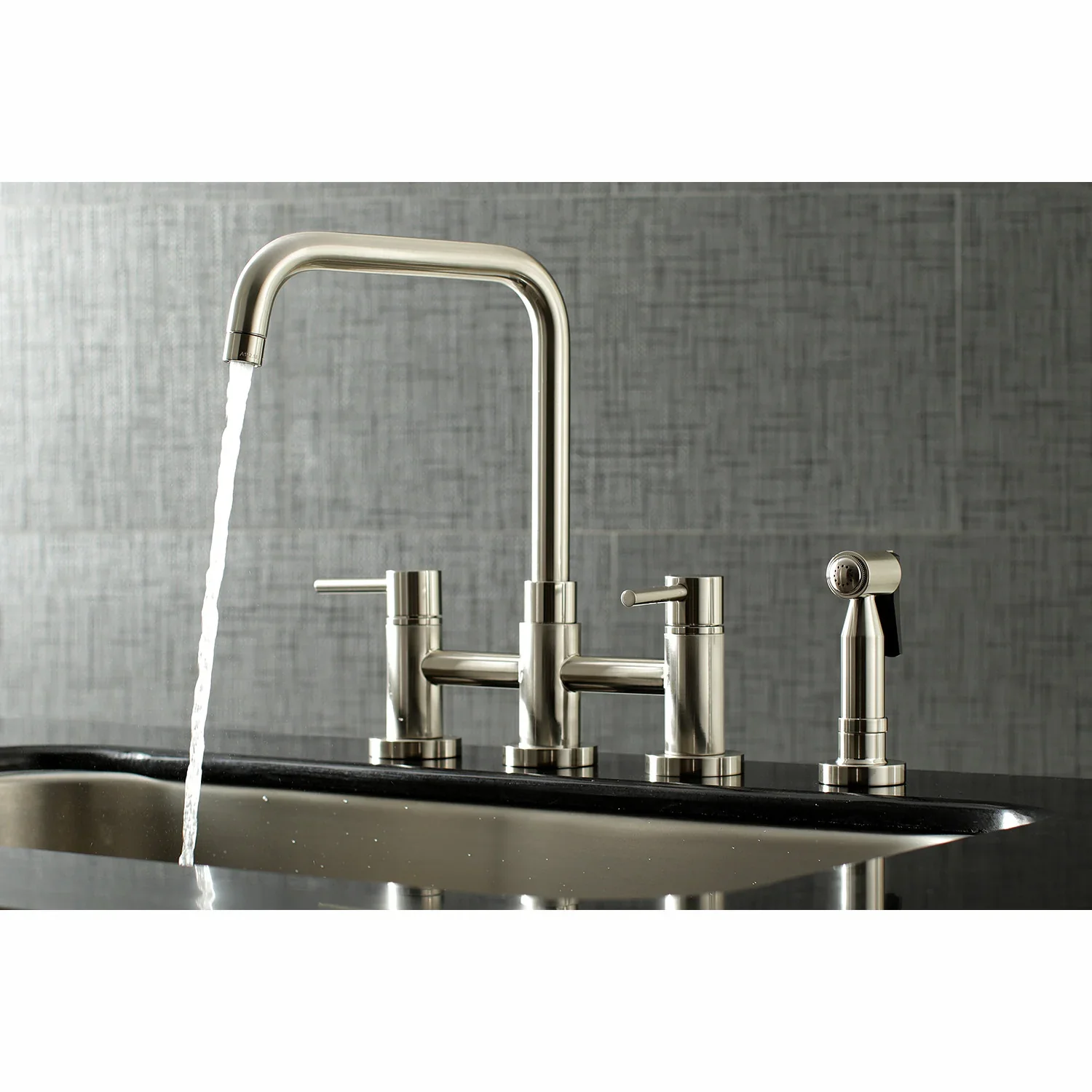 Kingston Brass Concord Bridge Kitchen Faucet with Brass Side Sprayer, Brushed Nickel (KS8288DLBS) - Image 6