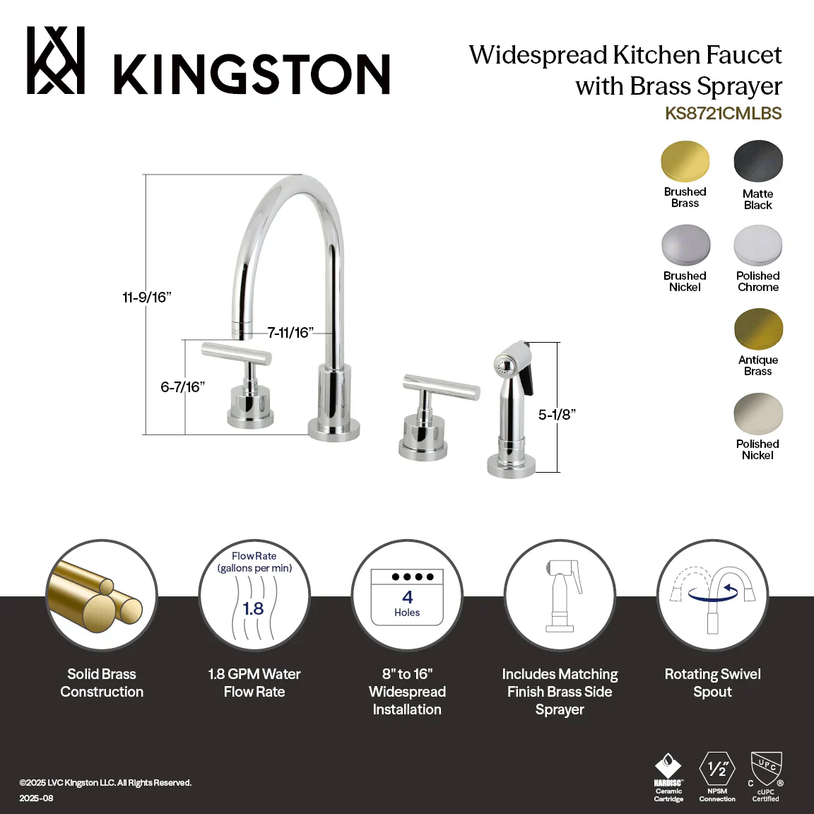 Kingston Brass Manhattan Double-Handle Widespread Kitchen Faucet with Brass Sprayer, Brushed Nickel (KS8728CMLBS) - Image 9