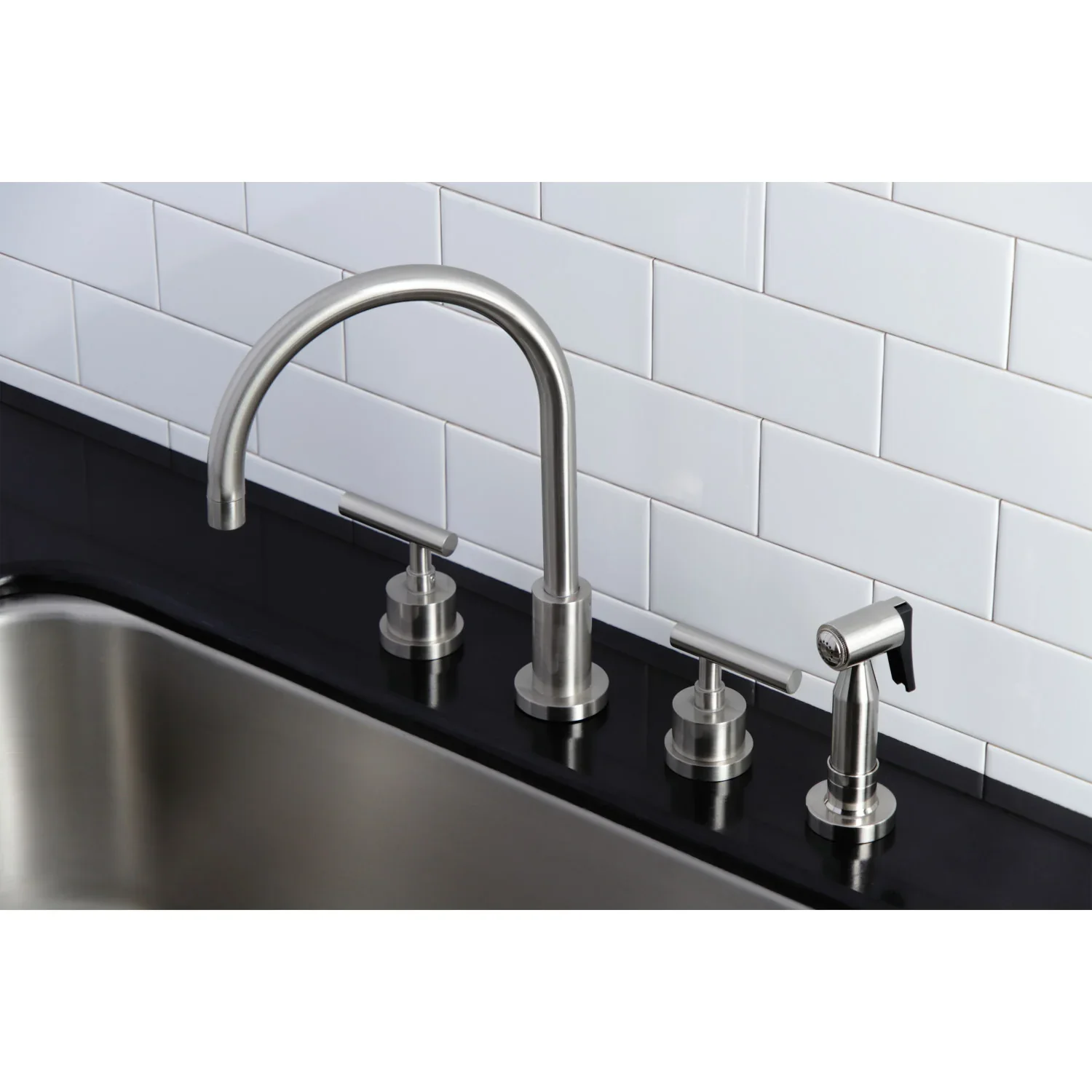 Kingston Brass Manhattan Double-Handle Widespread Kitchen Faucet with Brass Sprayer, Brushed Nickel (KS8728CMLBS) - Image 2