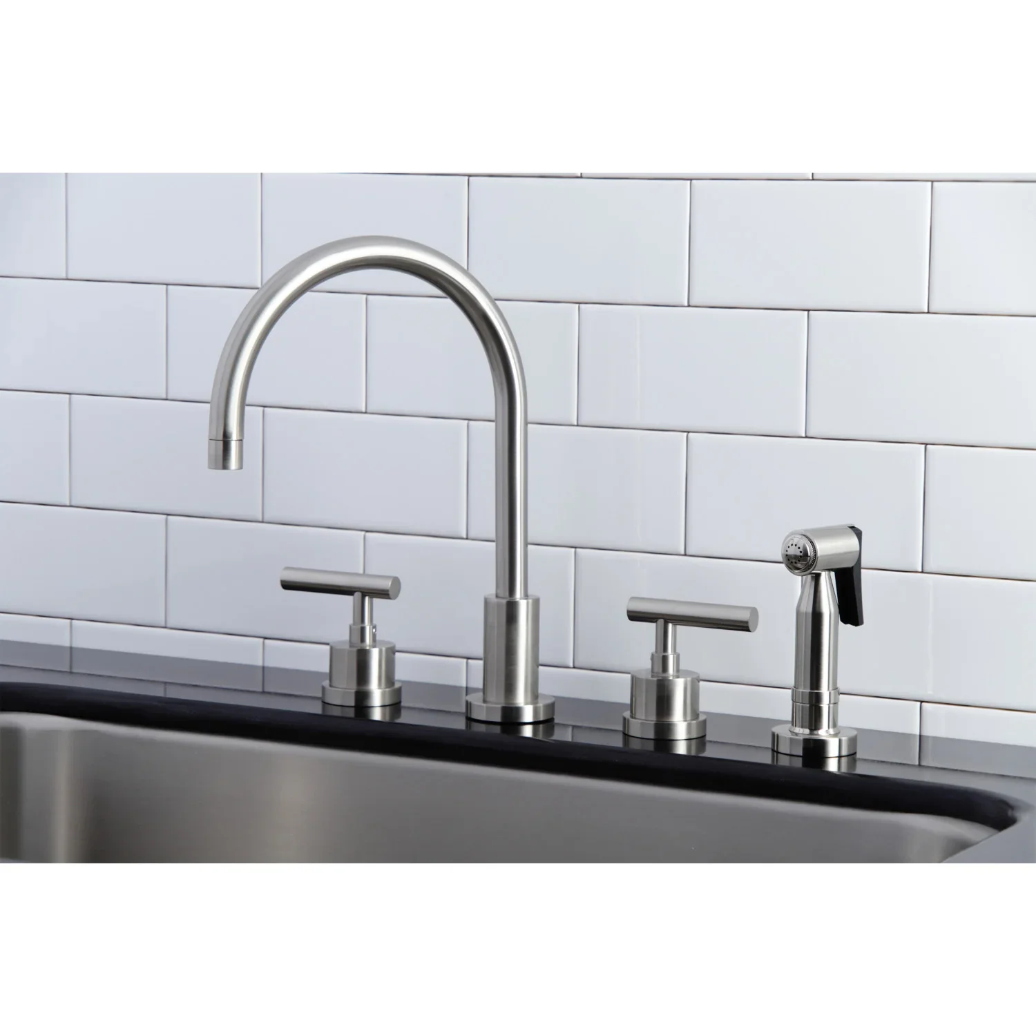 Kingston Brass Manhattan Double-Handle Widespread Kitchen Faucet with Brass Sprayer, Brushed Nickel (KS8728CMLBS) - Image 3