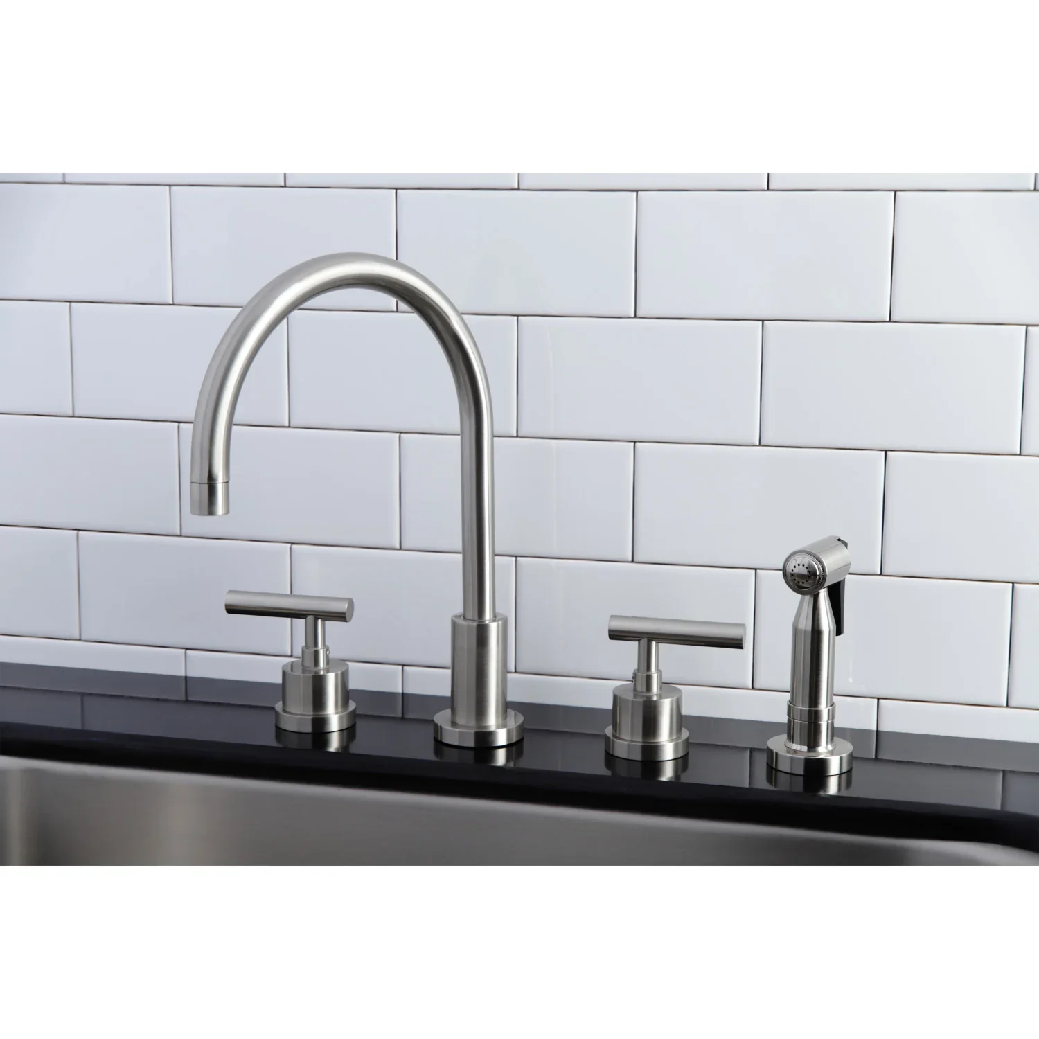 Kingston Brass Manhattan Double-Handle Widespread Kitchen Faucet with Brass Sprayer, Brushed Nickel (KS8728CMLBS) - Image 4