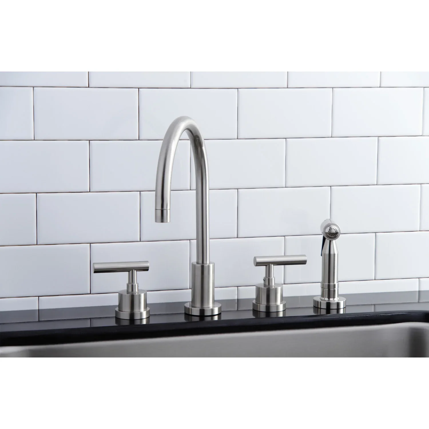 Kingston Brass Manhattan Double-Handle Widespread Kitchen Faucet with Brass Sprayer, Brushed Nickel (KS8728CMLBS) - Image 5