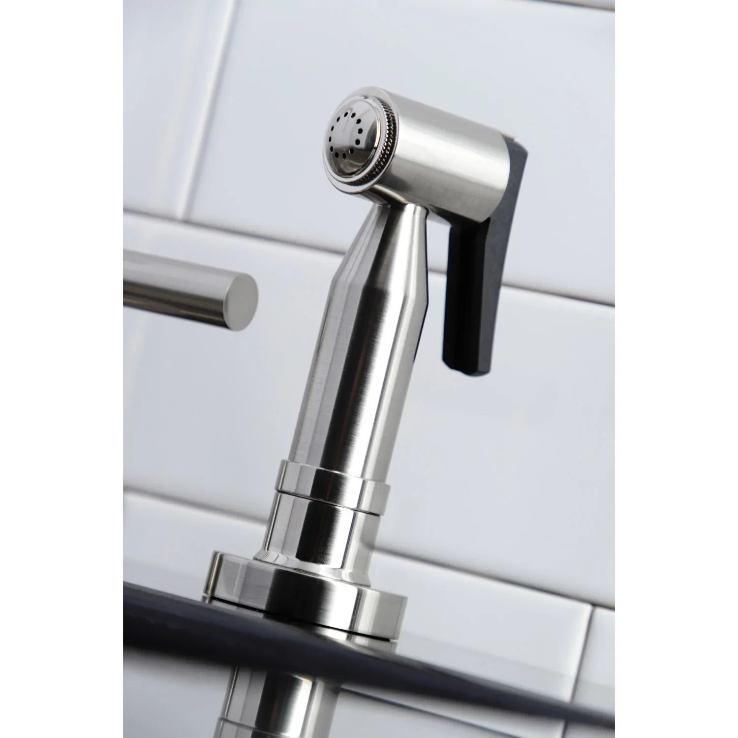 Kingston Brass Manhattan Double-Handle Widespread Kitchen Faucet with Brass Sprayer, Brushed Nickel (KS8728CMLBS) - Image 7