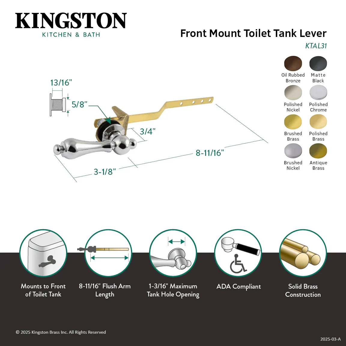 Kingston Brass Restoration Front Mount Toilet Tank Lever, Left/Right Installation, Antique Brass (KTAL33) - Image 2