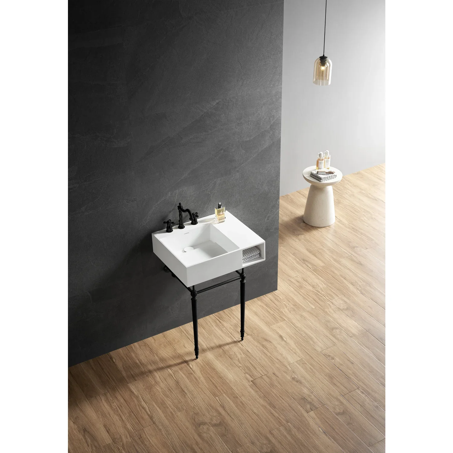 Kingston Brass Aurelius 24" Solid Surface Console Sink with Brass Legs (8-Inch, 3-Hole), Matte White/Matte Black (KVPB3248SQA0) - Image 2