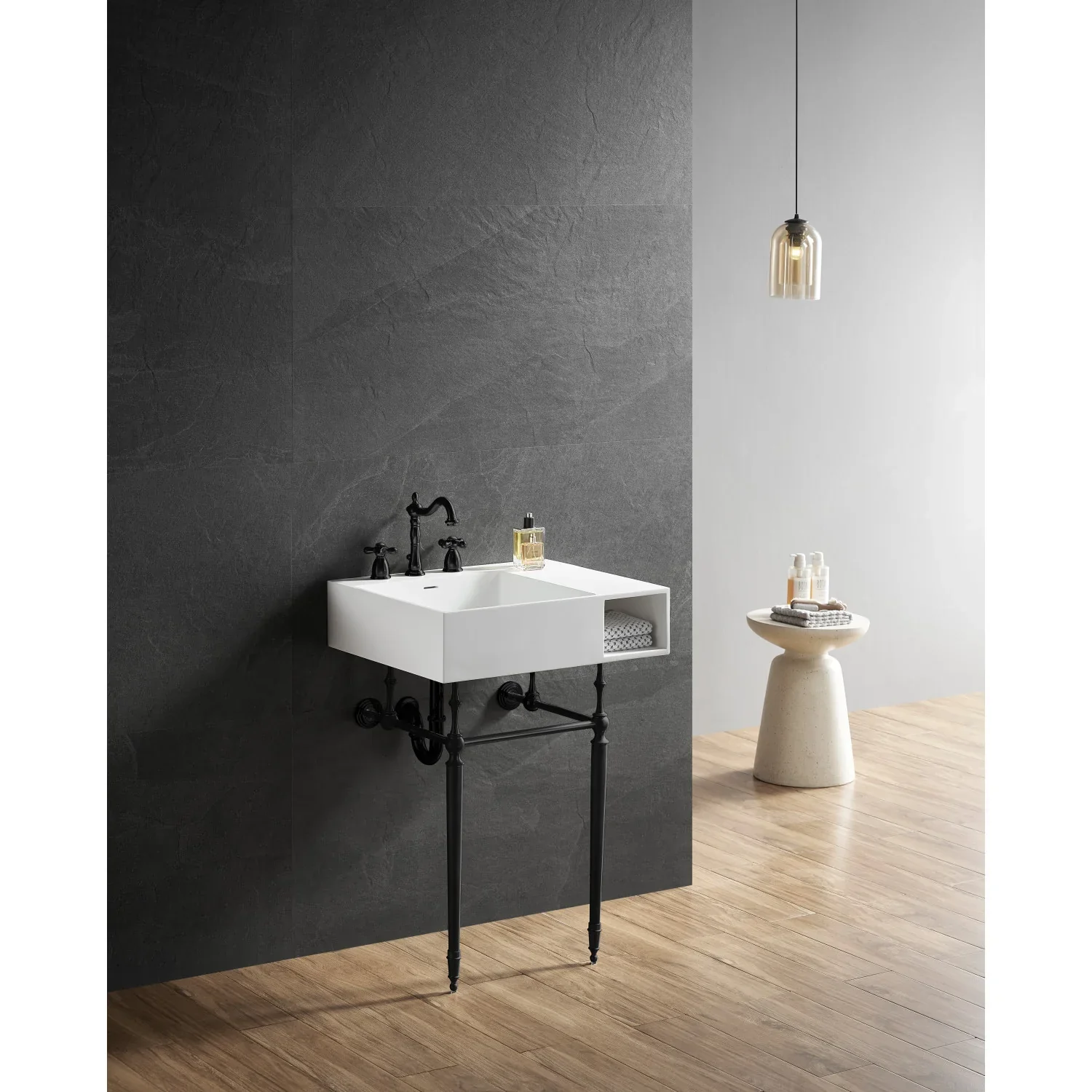 Kingston Brass Aurelius 24" Solid Surface Console Sink with Brass Legs (8-Inch, 3-Hole), Matte White/Matte Black (KVPB3248SQA0) - Image 3