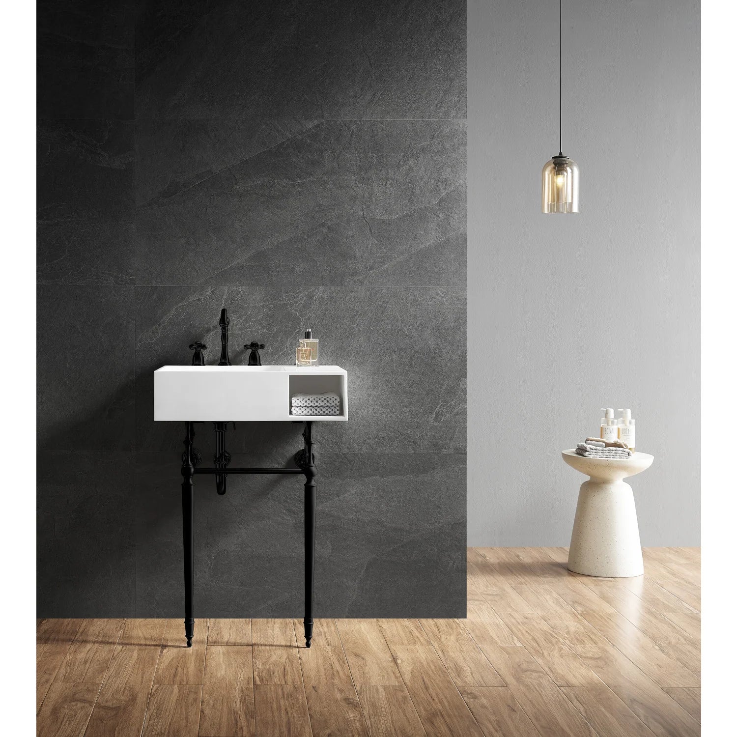 Kingston Brass Aurelius 24" Solid Surface Console Sink with Brass Legs (8-Inch, 3-Hole), Matte White/Matte Black (KVPB3248SQA0) - Image 4
