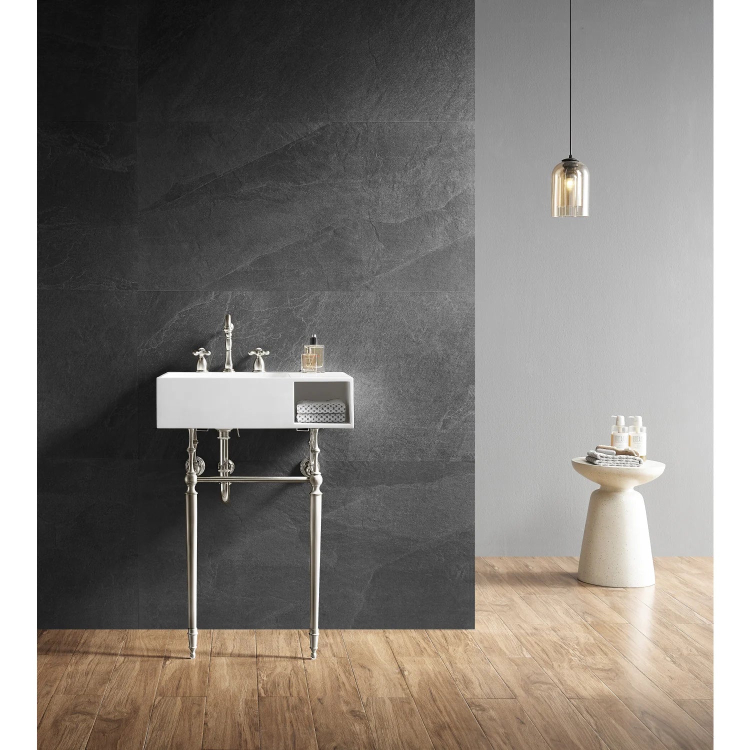 Kingston Brass Aurelius 24" Solid Surface Console Sink with Brass Legs (8-Inch, 3-Hole), Matte White/Polished Nickel (KVPB3248SQA6) - Image 2