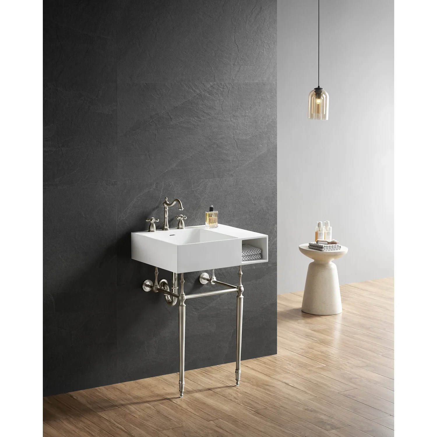Kingston Brass Aurelius 24" Solid Surface Console Sink with Brass Legs (8-Inch, 3-Hole), Matte White/Polished Nickel (KVPB3248SQA6) - Image 3