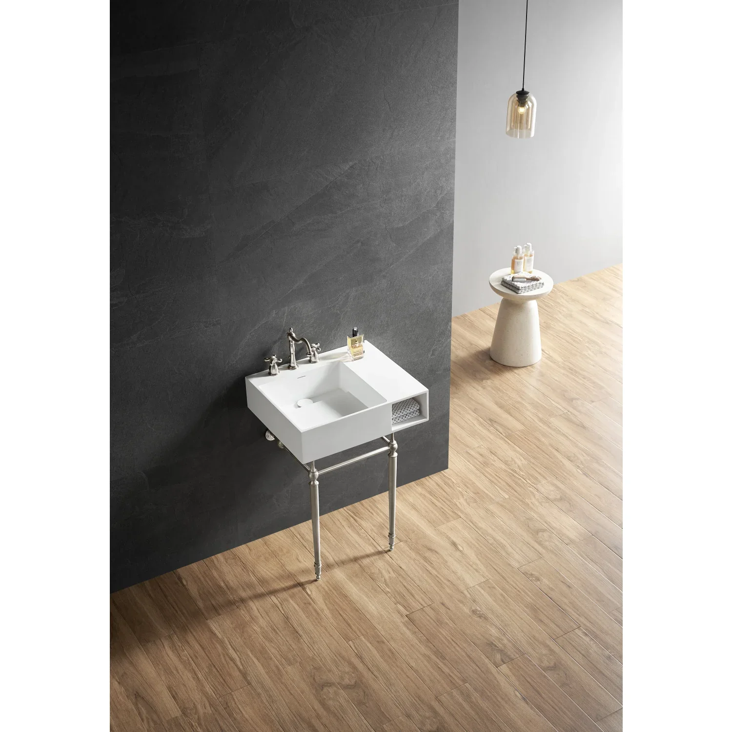 Kingston Brass Aurelius 24" Solid Surface Console Sink with Brass Legs (8-Inch, 3-Hole), Matte White/Polished Nickel (KVPB3248SQA6) - Image 4