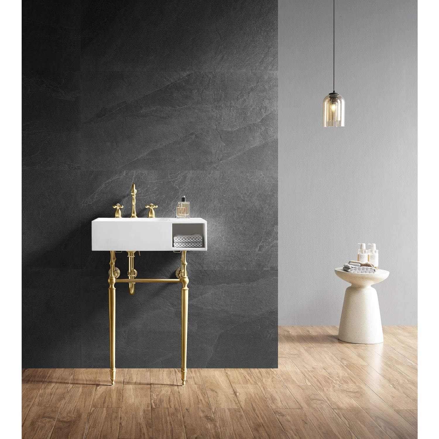 Kingston Brass Aurelius 24" Solid Surface Console Sink with Brass Legs (8-Inch, 3-Hole), Matte White/Brushed Brass (KVPB3248SQA7) - Image 2